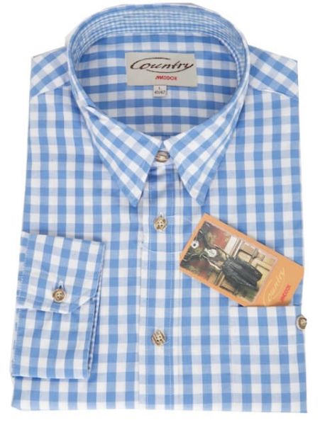 Country Maddox Herren Trachtenhemd mittelblau weiß karo